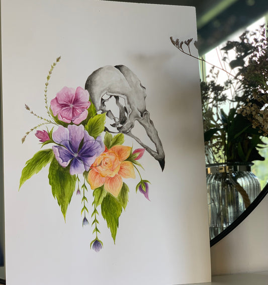 Bird skull with flowers print